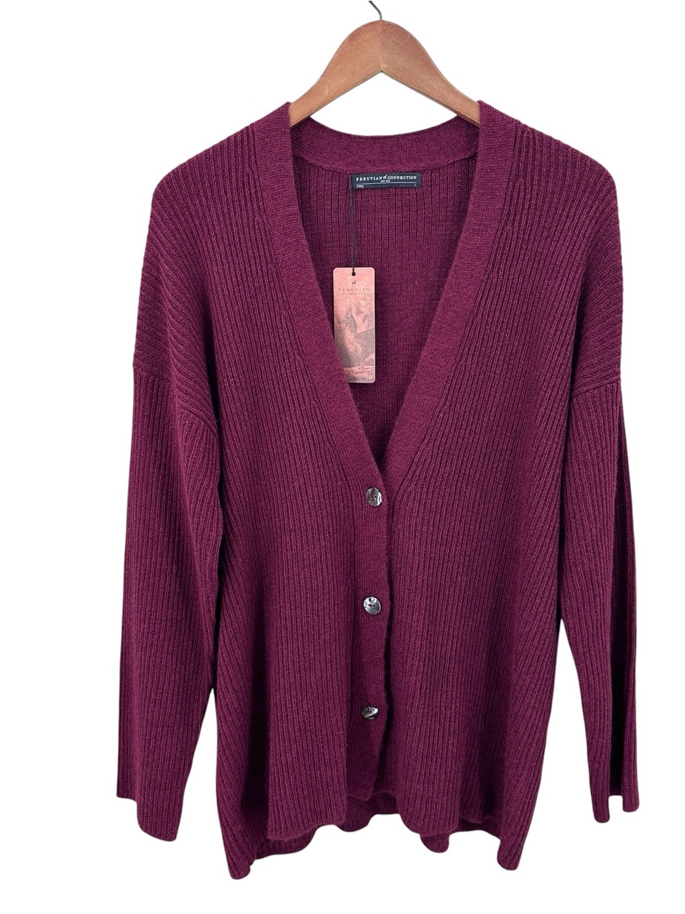 PERUVIAN CONNECTION Cardigan Sweater Ribbed Burgundy Red